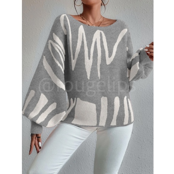 Knit Graphic Pullover Sweater Off White Grey Bishop Sleeve - Picture 4 of 10